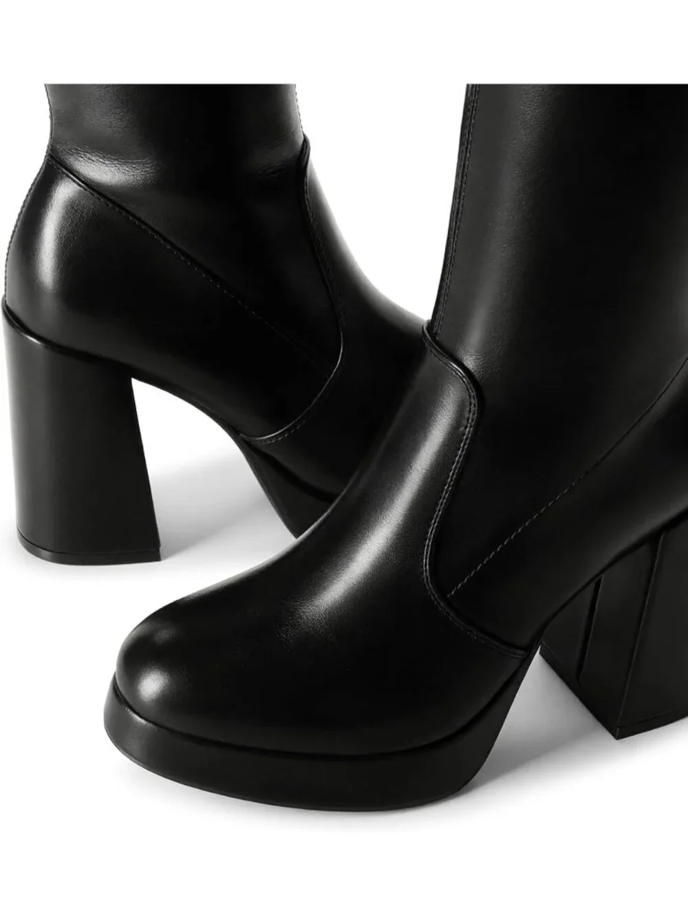 Women's Black Pu Chunky Platform Heel Round Toe Side Zipper Knee High Boots